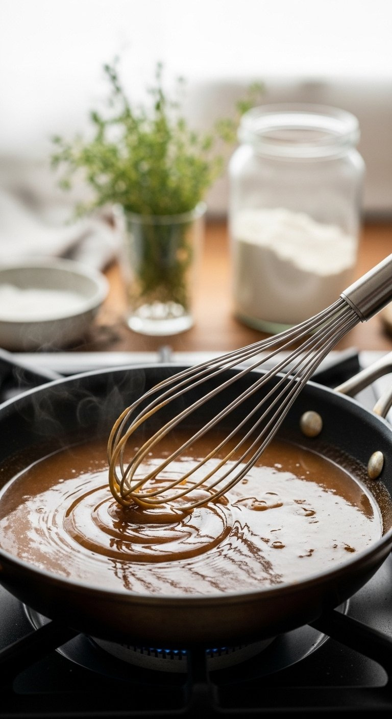 Intimate Detail Of A Wire Whisk Stirring Rich Brown Gravy In A Skillet On The Stove.