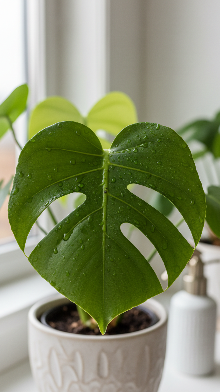 Intimate Macro Detail Of Houseplant Leaf With Aphid Specks And Fine Mist Treatment In Indoor Setting