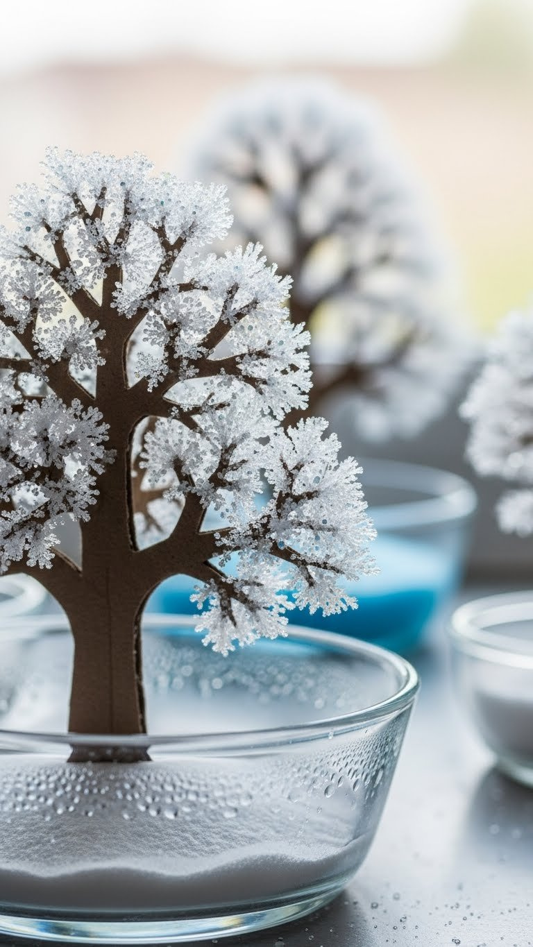 Intimate Macro Detail Of Partially Crystallized Baking Soda Tree With Shimmering White Crystals Forming On Branches