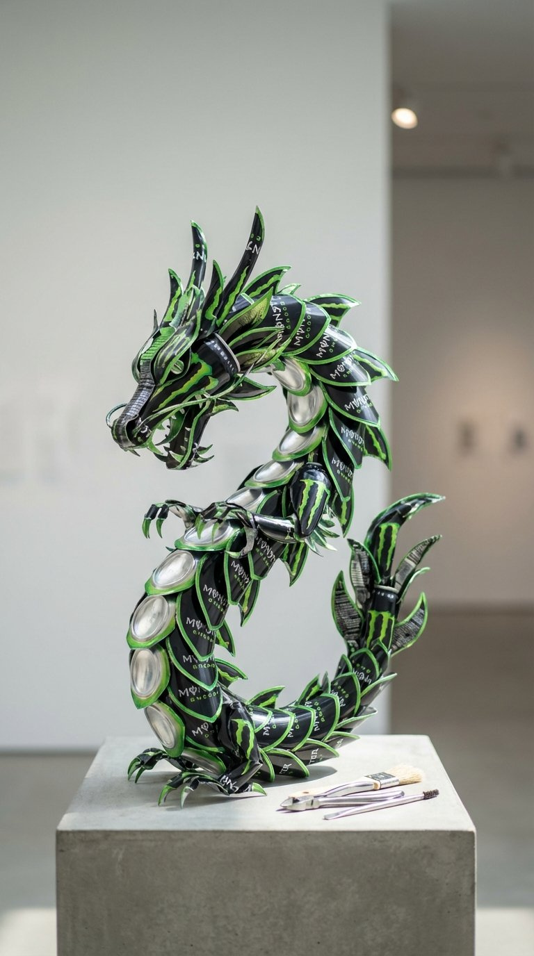 Intricate 3D Monster Energy Can Sculpture Crafted From Recycled Materials On Minimalist Pedestal Display