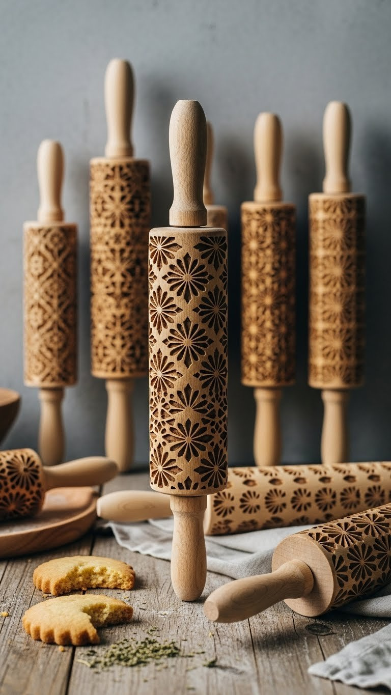 Intricately Carved Decorative Rolling Pins With Flour Dusting On Rustic Wooden Table Background