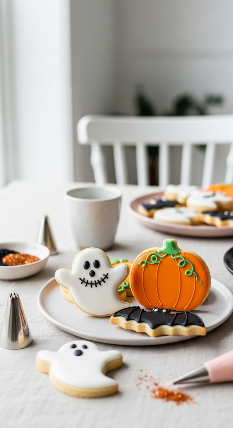 Intricately Decorated Halloween Cookies With Glossy Royal Icing: Ghost With Piped Face, Pumpkin With Vines, Crisp Bat Shapes.