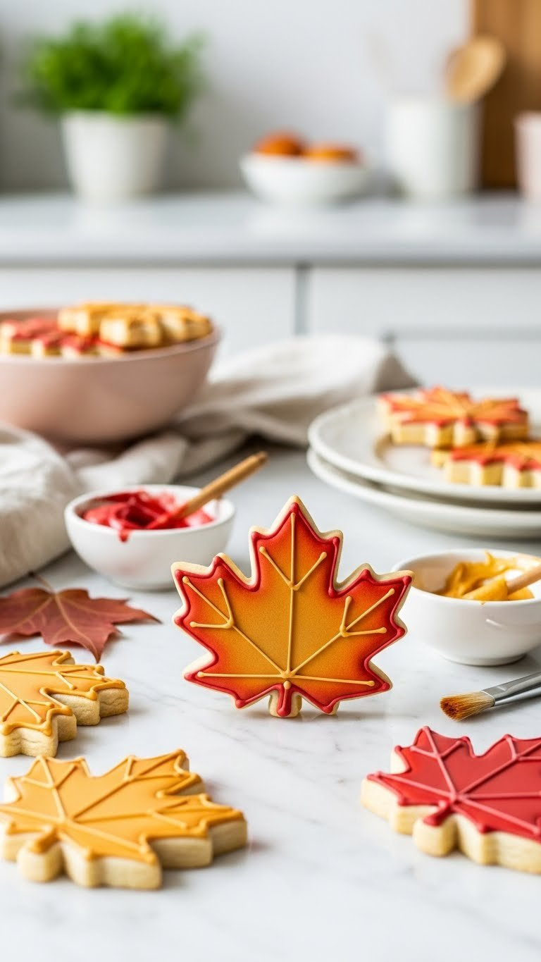 Intricately Decorated Maple Leaf Sugar Cookies With Royal Icing In Autumn Colors Displayed On Marble Countertop