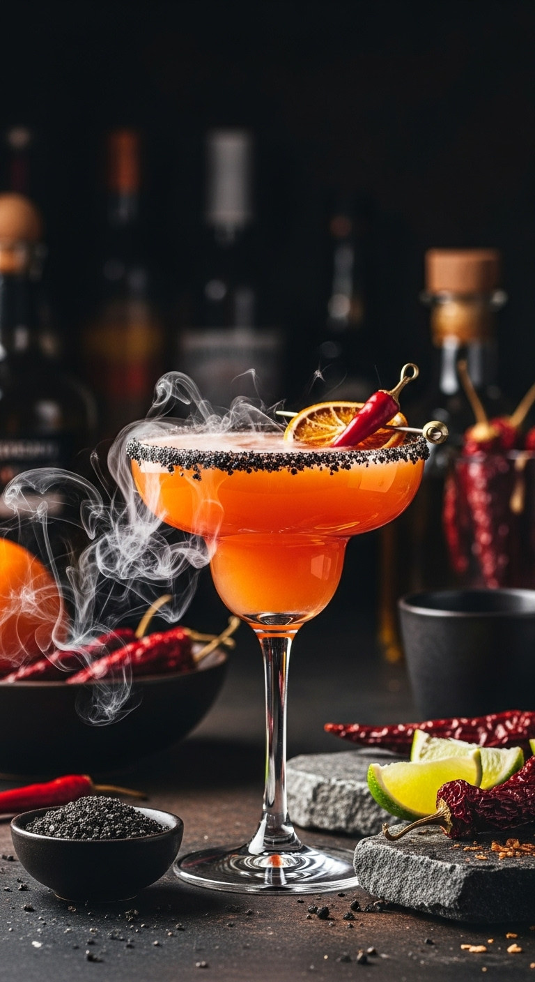 Intriguing Smoky Orange Chipotle Margarita In A Classic Glass With Black Salt Rim, Smoky Vapor, And Dehydrated Orange Slice Garnish.