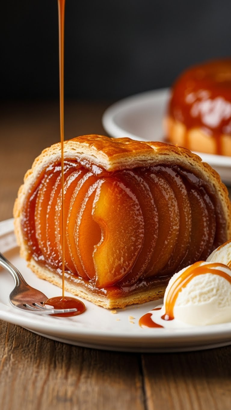 Inverted Tarte Tatin With Caramelized Apples, Flaky Golden Crust, On White Plate With Vanilla Ice Cream.