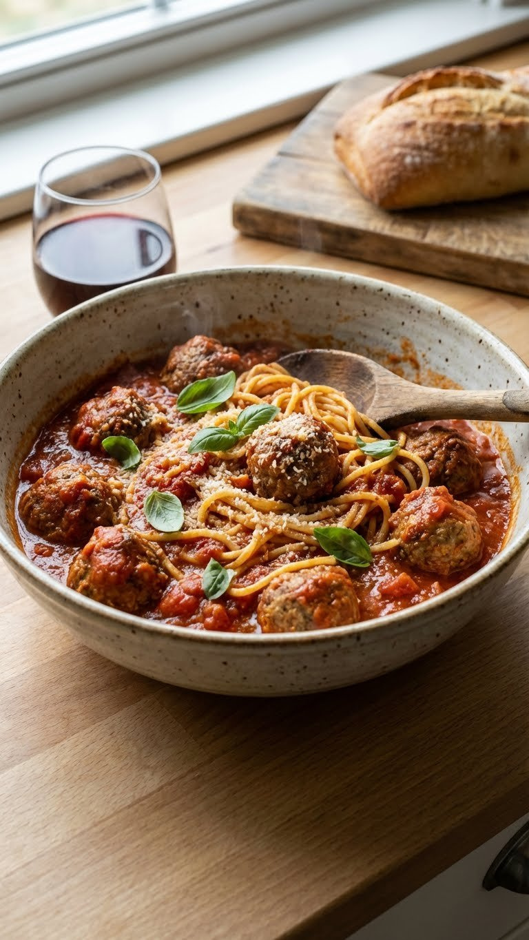 Inviting Instant Pot Spaghetti And Meatballs With Rich Tomato Sauce, Parmesan, And Basil In A Bowl.