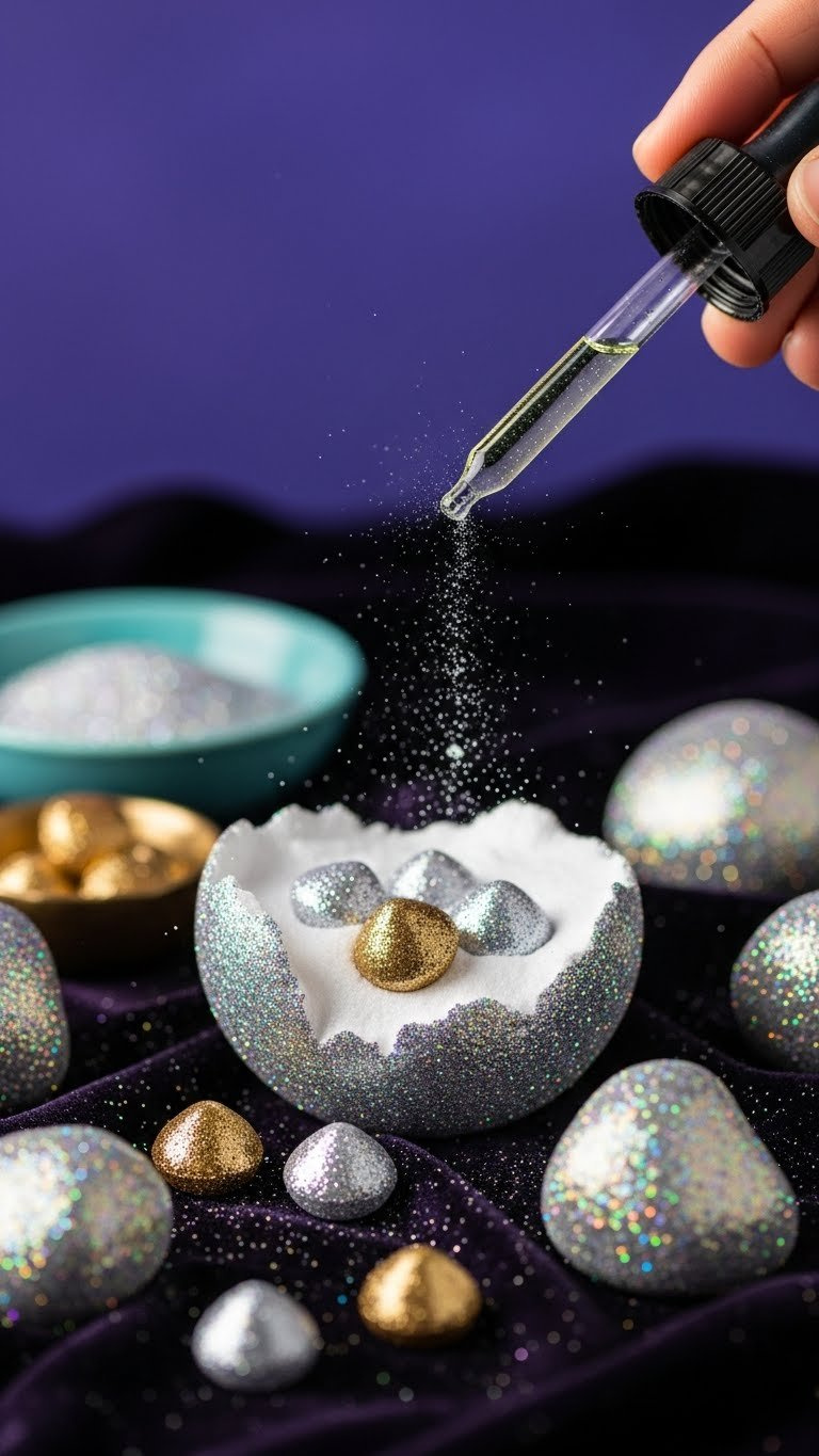 Iridescent Glittery Magic Rocks With Silver And Gold Sparkle Revealing Plastic Gems On Dark Velvet Cloth