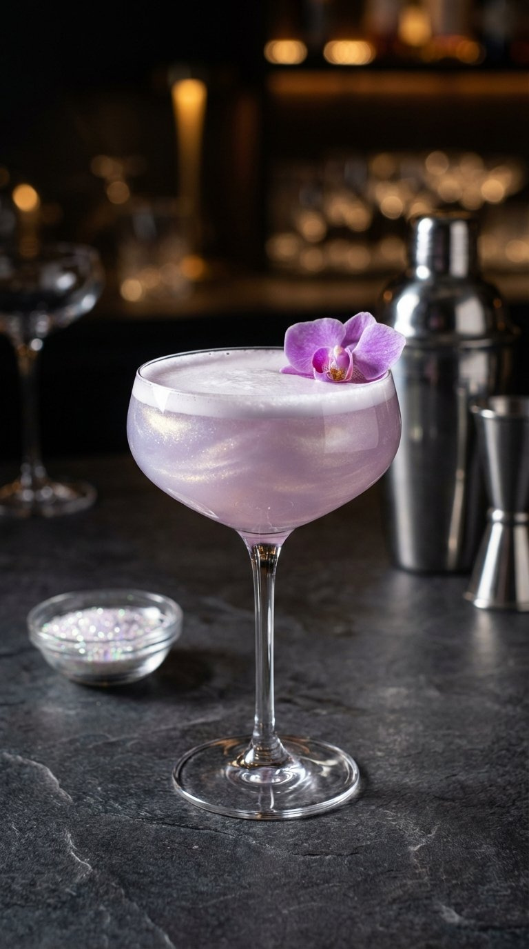 Iridescent Unicorn Cocktail With Shimmering Lavender-Pink Liquid And Delicate Garnish In Stylish Coupe Glass