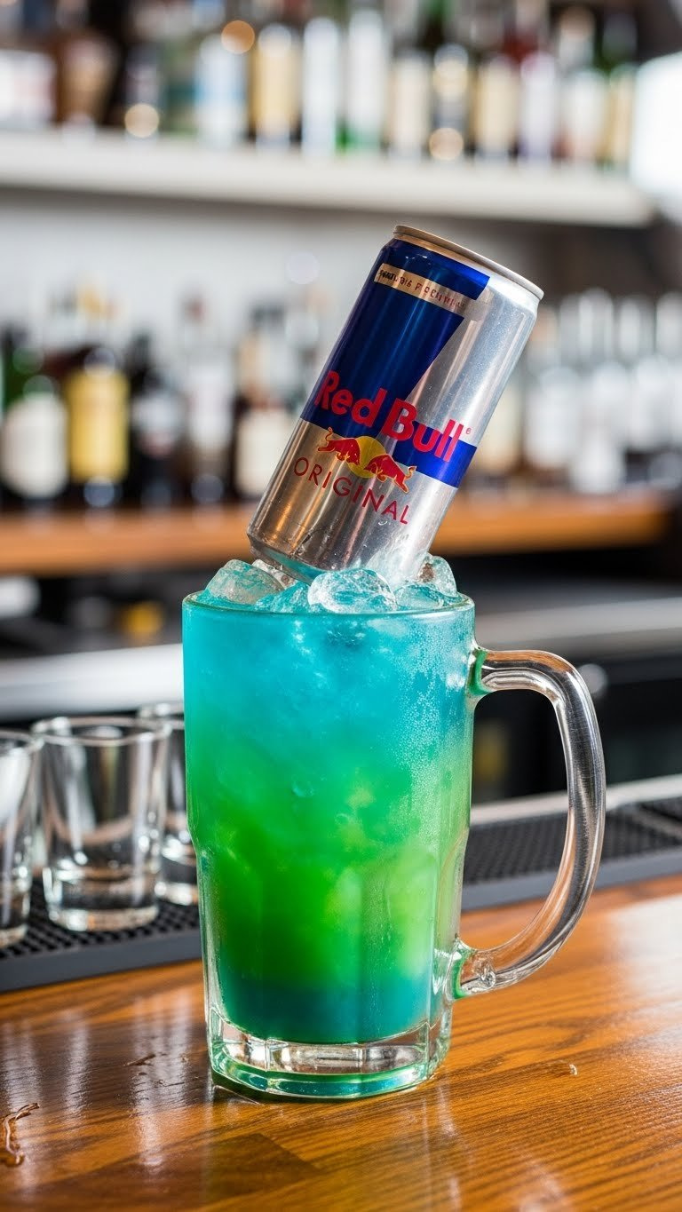 Irish Trash Can Cocktail With Inverted Red Bull Can In Beer Mug On Wooden Bar Top Background