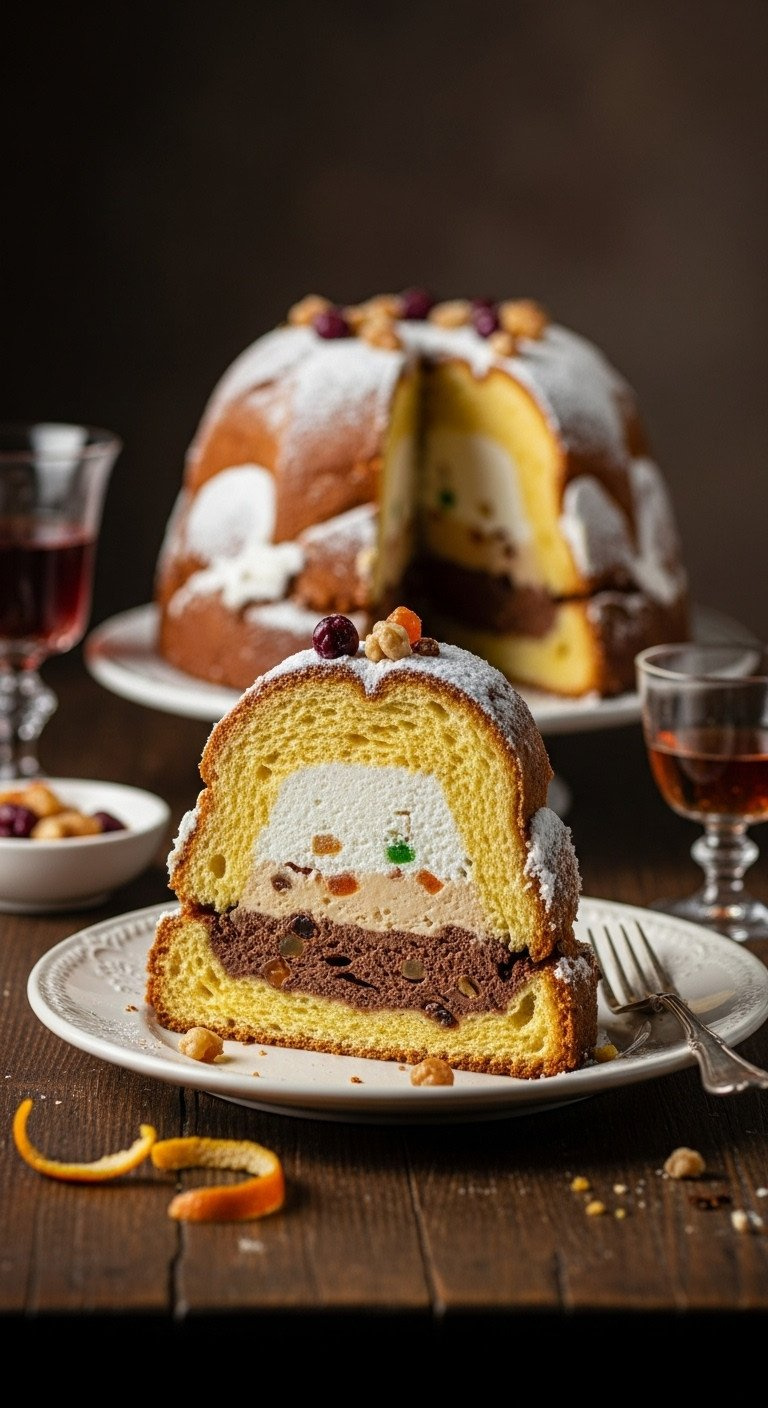 Italian Zuccotto Cake Slice: Panettone/Sponge Dome, Chocolate And Plain Ricotta, Candied Fruit, Nuts. Traditional Recipe.
