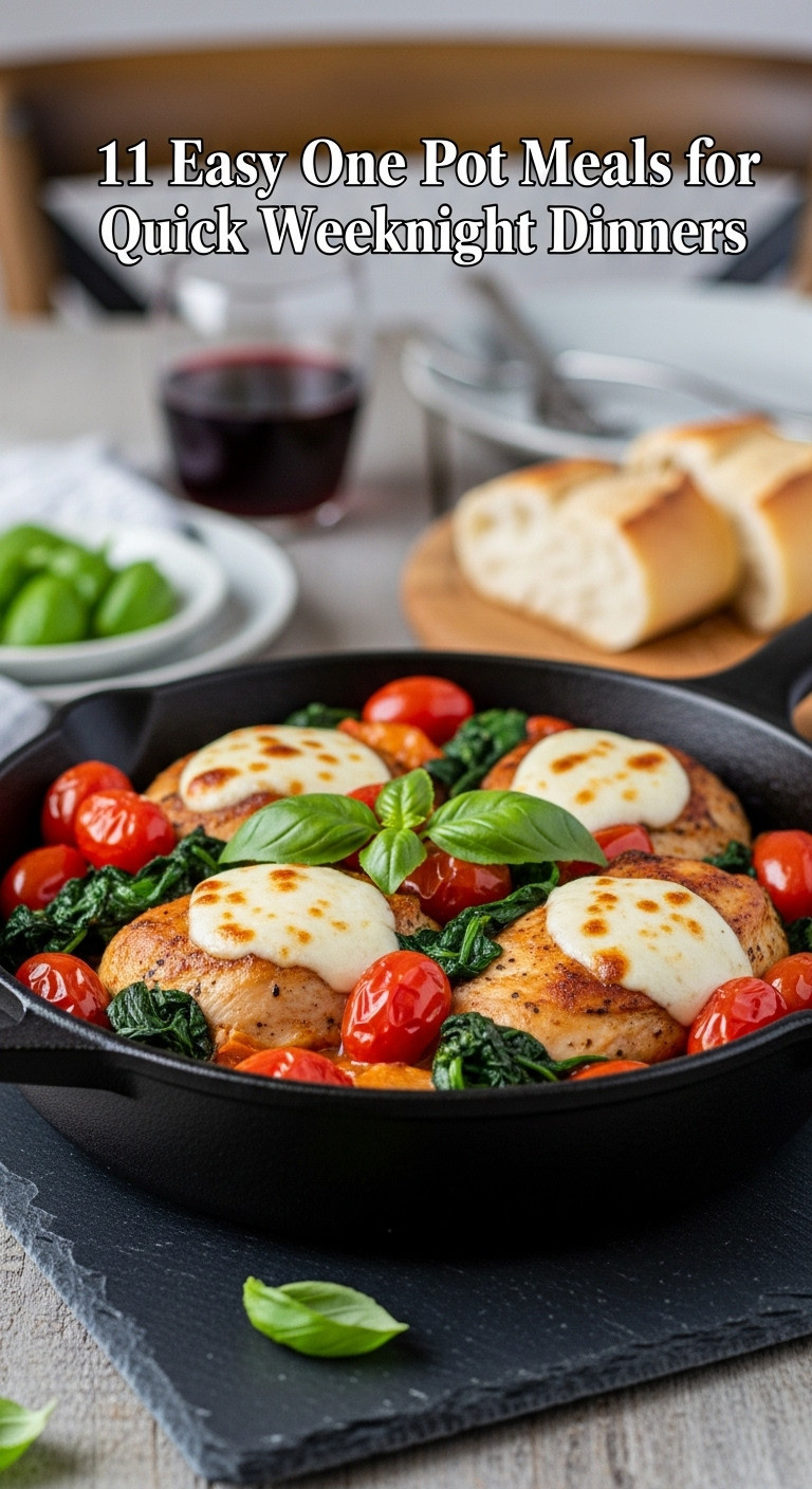Italian Chicken Skillet With Chicken Cherry Tomatoes Spinach And Mozzarella Garnished With Basil In A Cast Iron Skillet