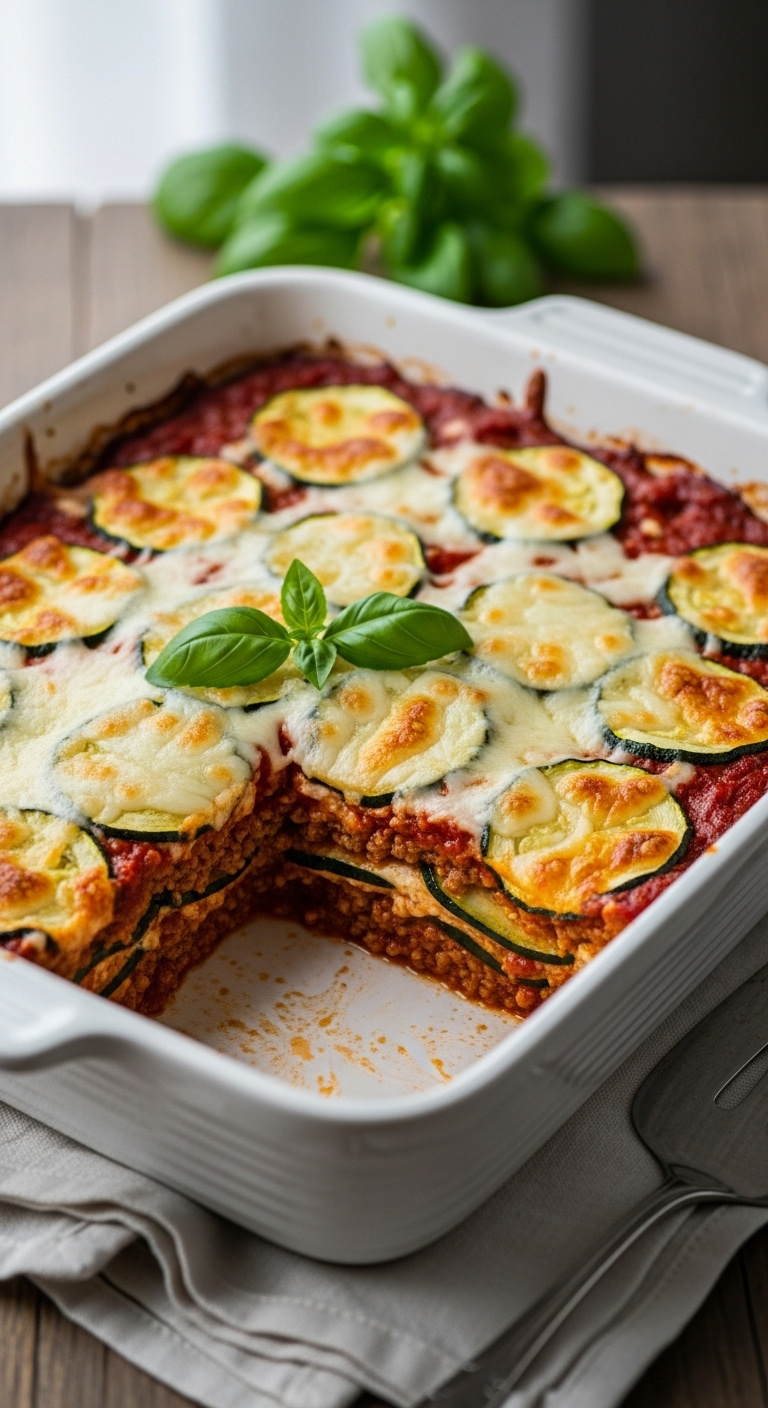 Italian Ground Beef Zucchini Casserole With Layers Of Meat Sauce Zucchini And Melted Mozzarella In White Baking Dish With Basil And Spatula
