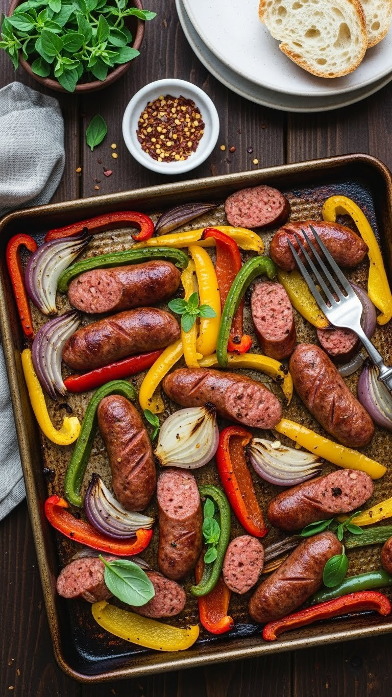 Italian Sausage And Peppers With Caramelized Onions Arranged On Dark Rustic Wooden Table