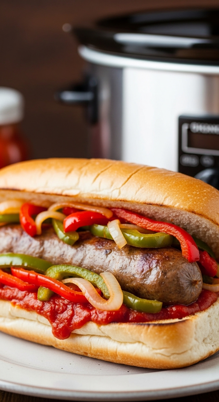 Italian Sausage Sandwich With Peppers Onions And Marinara Sauce In A Toasted Hoagie Roll