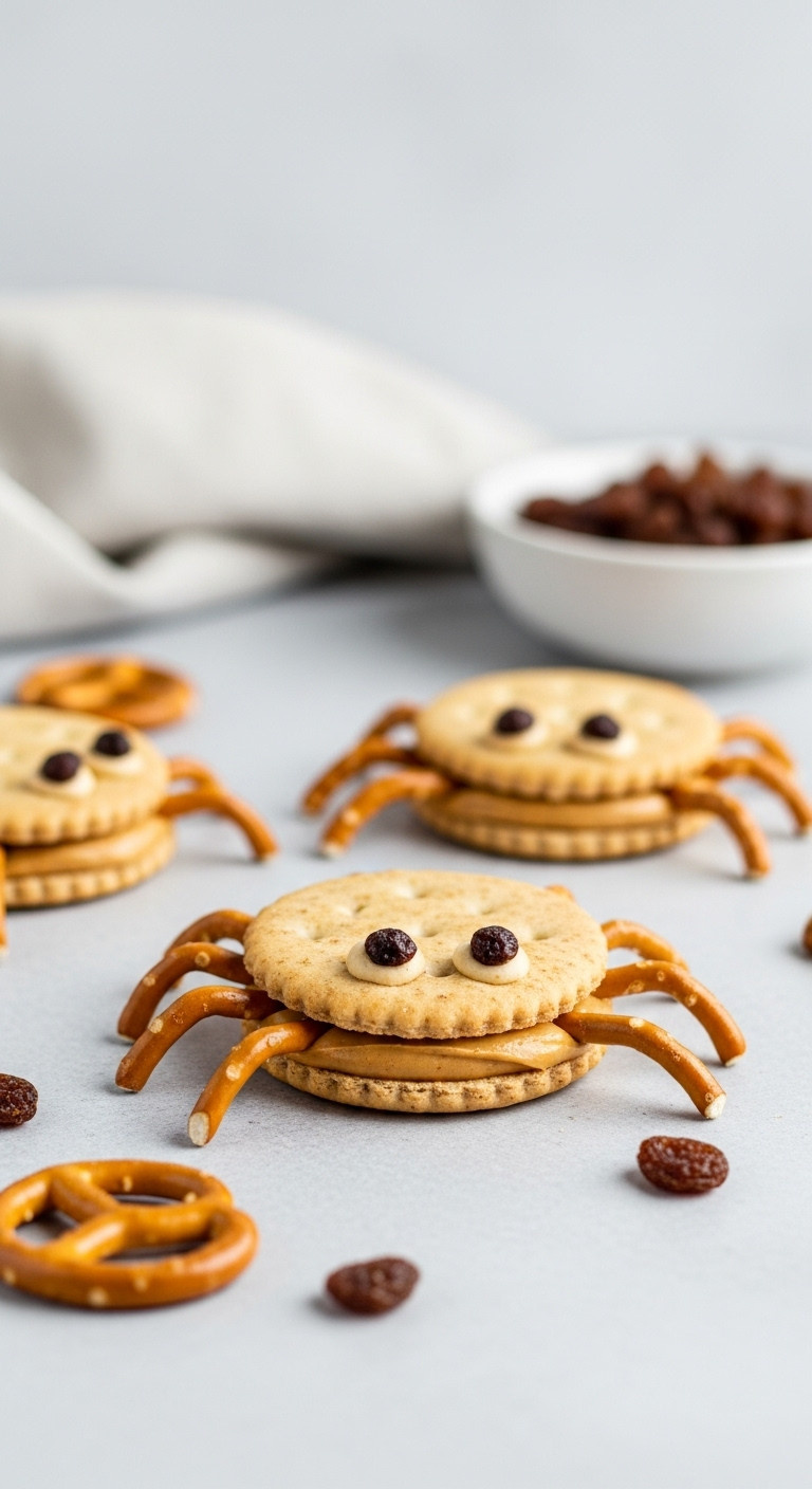 Itsy Bitsy Spider Crackers With Peanut Butter Pretzel Legs And Raisin Eyes On A Light Gray Stone Surface For Halloween Toddler Snacks