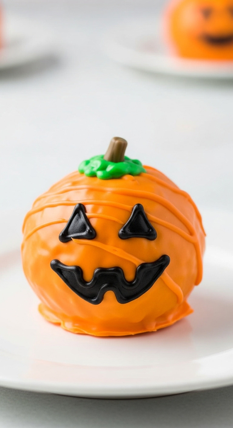 Jack O Lantern Rice Krispie Treat With Black Icing Face And Green Stem