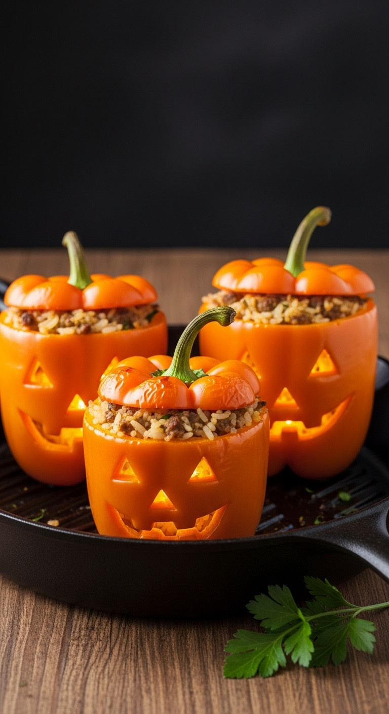 Jack O Lantern Stuffed Bell Peppers Filled With Rice And Meat In A Cast Iron Skillet