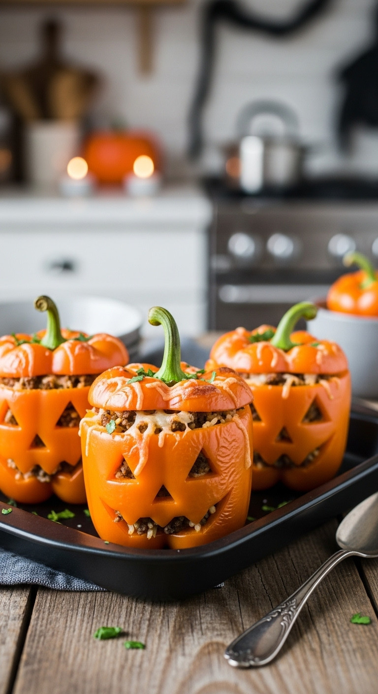 Jack-O-Lantern Stuffed Peppers Halloween Dinner Recipe Warm Golden Hour Food Photography