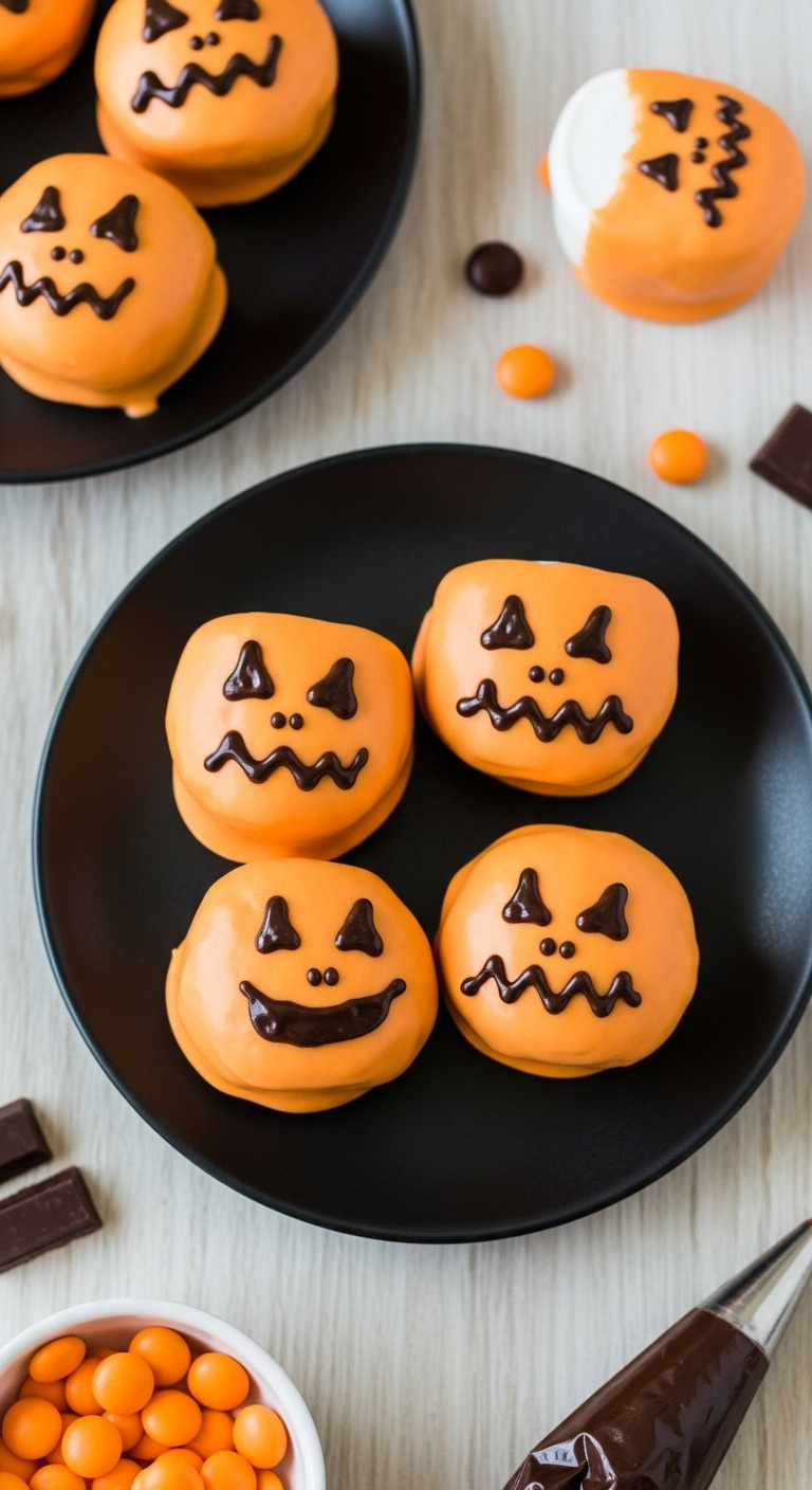 Jack-O'-Lantern Marshmallow Faces: Orange Candy Melt With Dark Chocolate Details On A Black Plate. Fun Halloween Treats.
