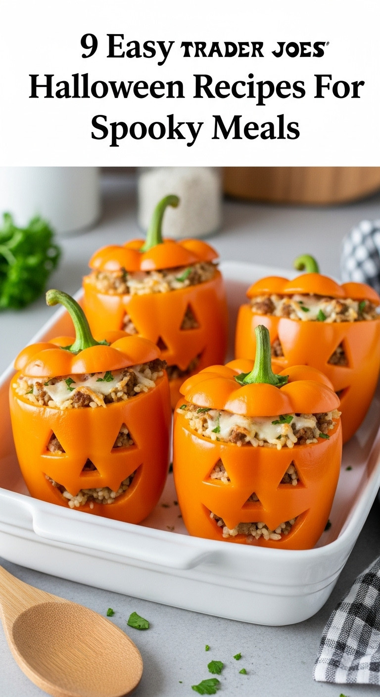 Jack-O-Lantern Stuffed Bell Peppers With Carved Faces Rice Ground Meat And Cheese In A Baking Dish Perfect For Spooky Meals