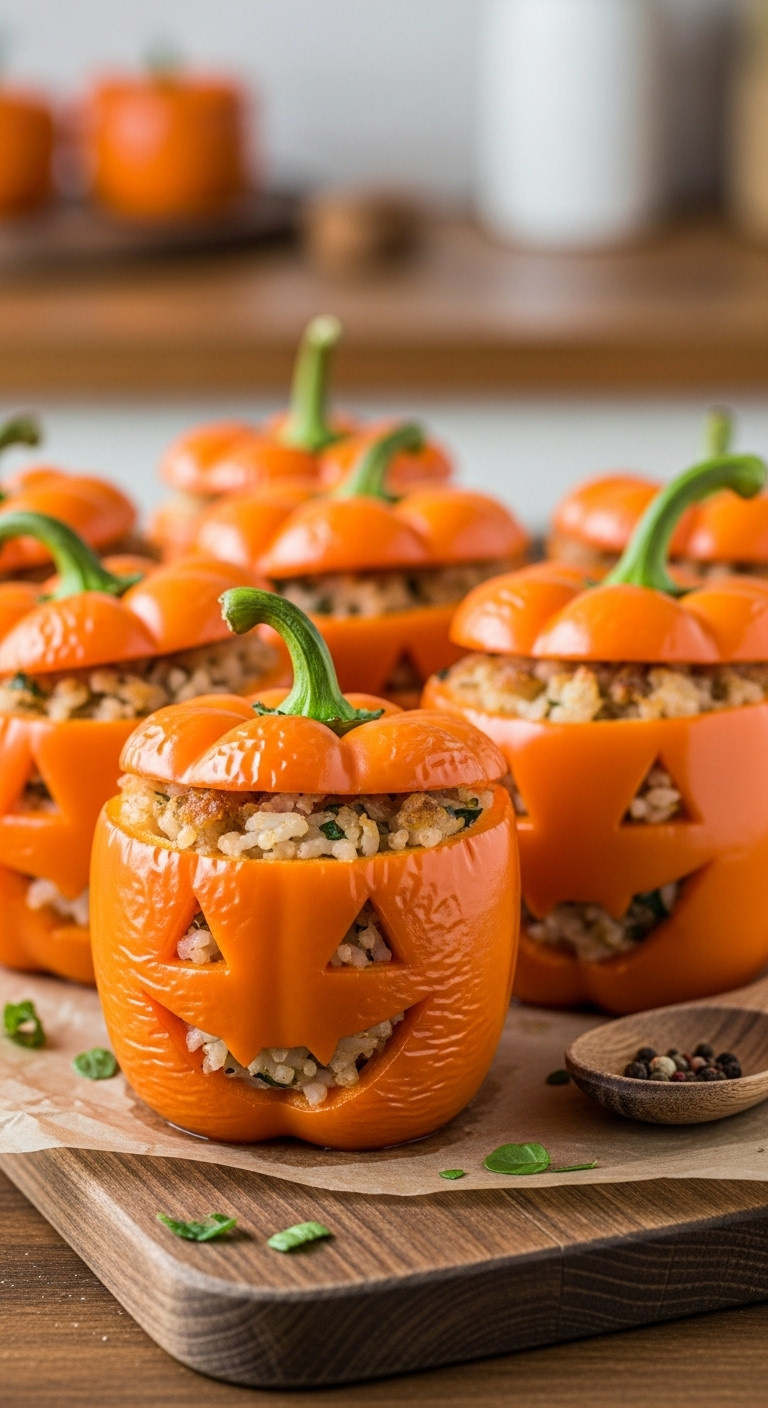 Jack-O'-Lantern Stuffed Sausage Peppers, Carved Orange Bell Peppers With Savory Filling, Rustic Cutting Board, Autumnal Setting.