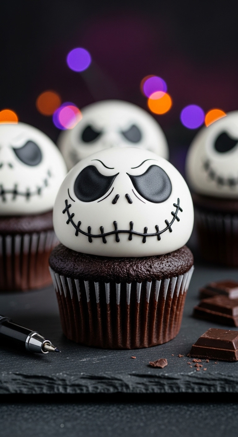 Jack Skellington Skull Cupcakes On A Dark Gray Stone Surface With A Decorating Pen And Dark Chocolate In Dramatic Side Lighting