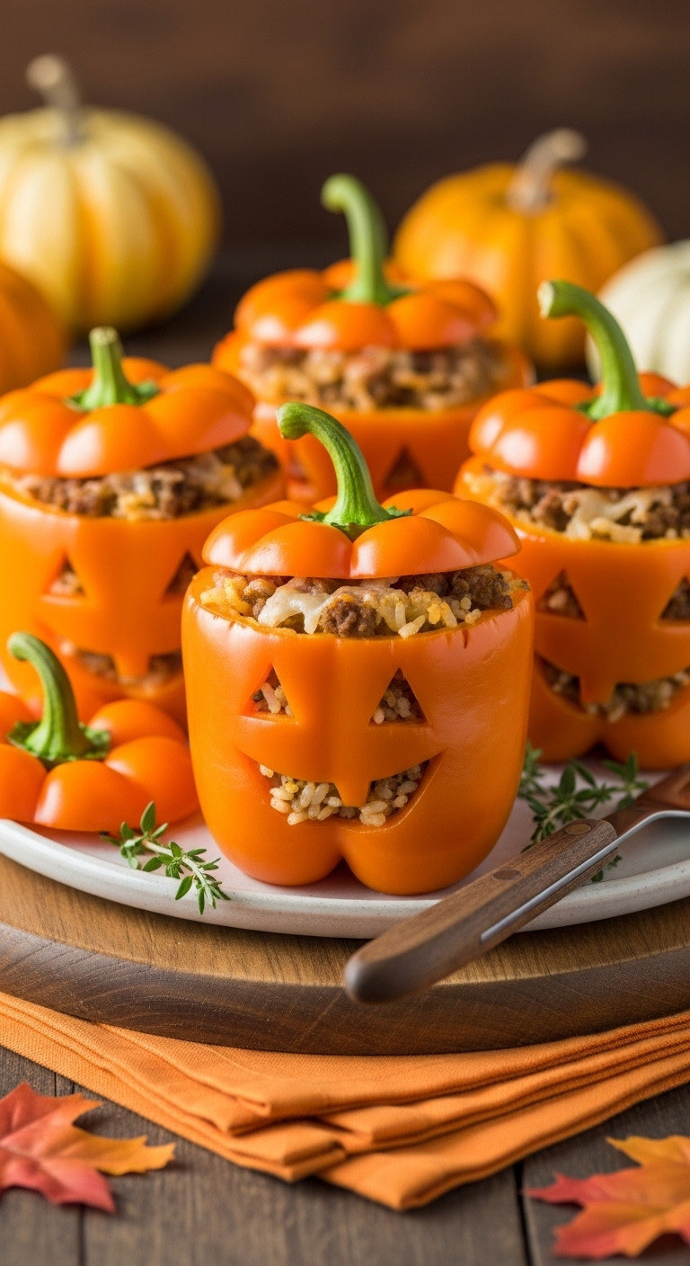 Jack-O'-Lantern Stuffed Bell Peppers: Carved Orange Peppers With Savory Filling On Rustic Wood. Festive Halloween Dinner.