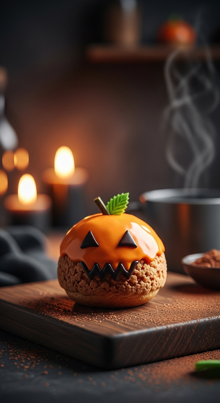 Jack-O'-Lantern Cream Puff With Orange Glaze Chocolate Face And Green Candy Stem On A Dark Wood Cutting Board