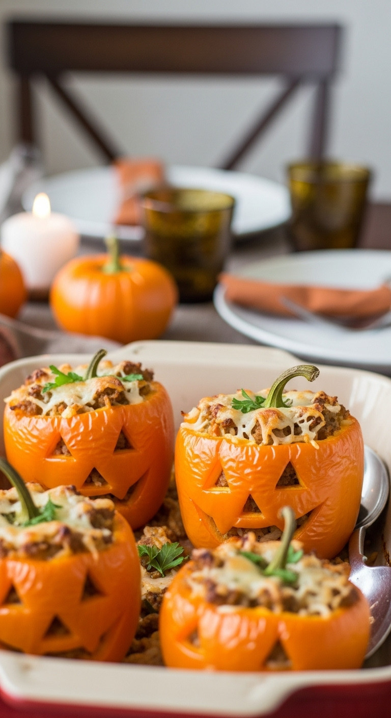 Jack-O'-Lantern Stuffed Peppers With Savory Filling And Melted Cheese In A Baking Dish On A Dining Table For Halloween Fun