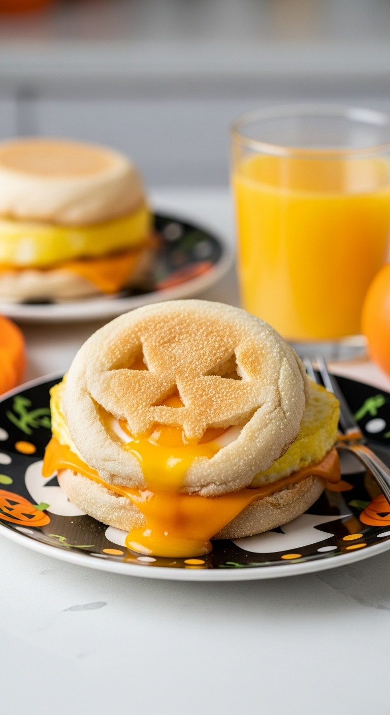 Jack-O-Lantern Breakfast Sandwich With Egg And Cheese On A Festive Plate For Halloween Morning