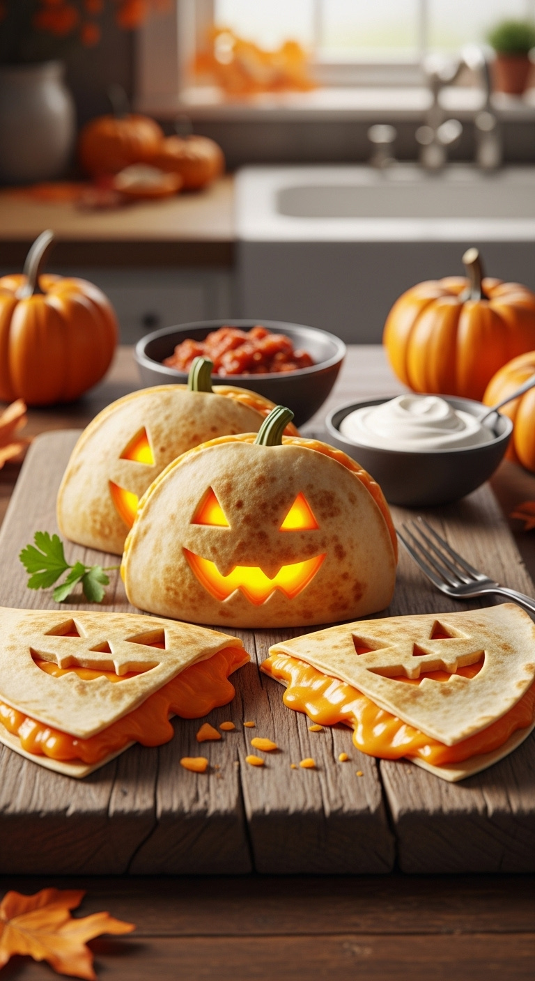 Jack O Lantern Quesadillas On A Wooden Board With Salsa Sour Cream And Mini Pumpkins In A Cozy Kitchen