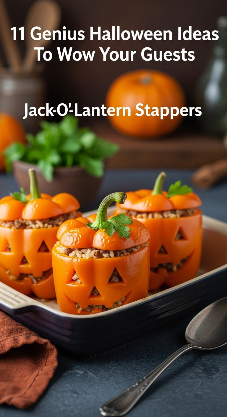 Jack-O-Lantern Stuffed Peppers In A Rustic Baking Dish With Parsley And A Serving Spoon