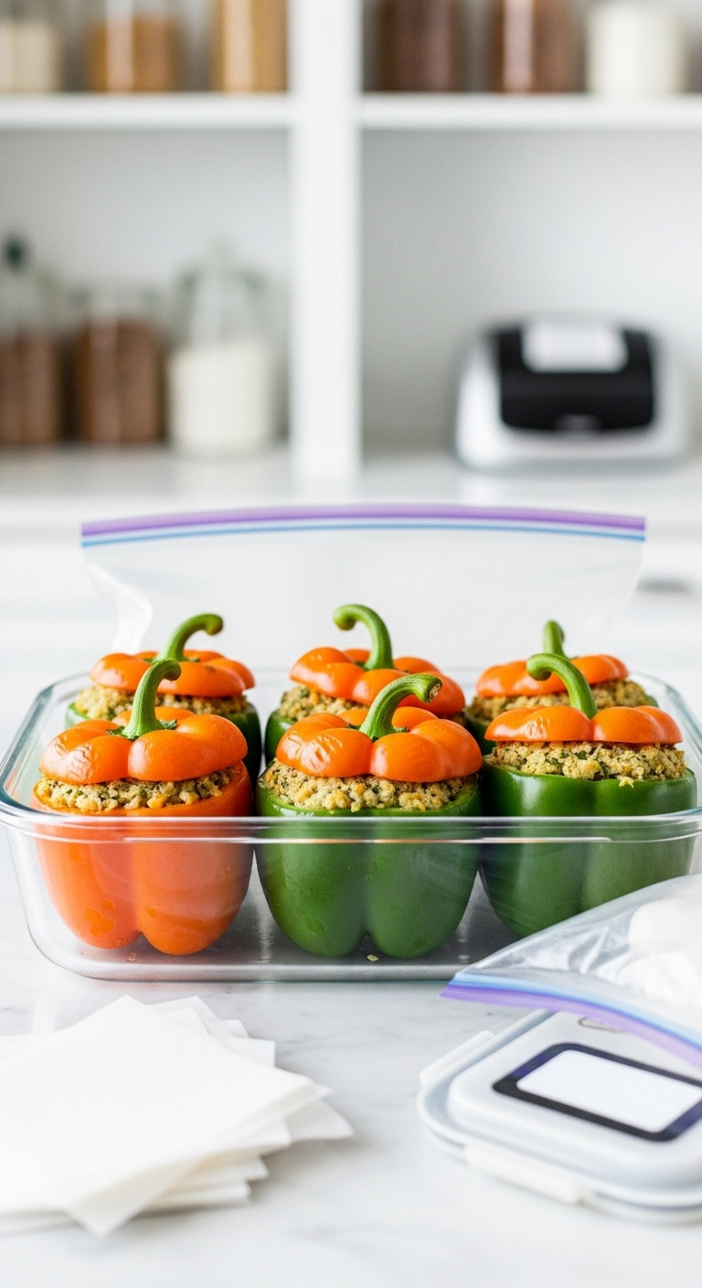 Jack-O'-Lantern Stuffed Peppers In Clear Glass Container On Marble Counter, Ready For Freezing, For Halloween Meal Prep.