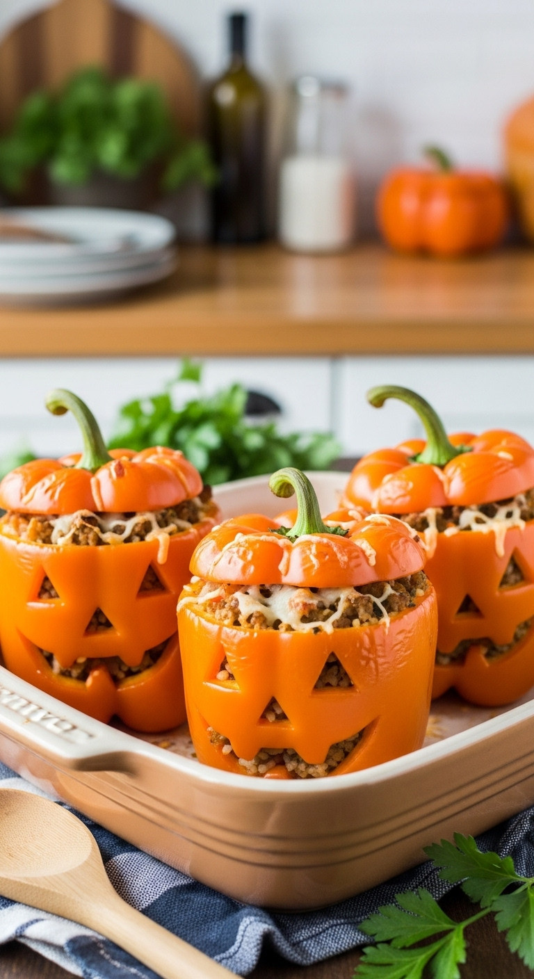 Jack-O-Lantern Stuffed Peppers With Cheesy Filling In Rustic Baking Dish For Aesthetic Halloween Dinner