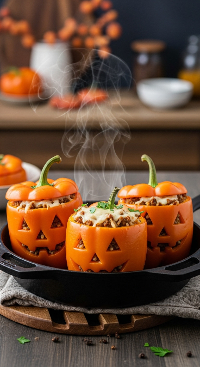 Jack O Lantern Stuffed Peppers With Ground Meat Rice And Cheese In A Black Cast Iron Skillet