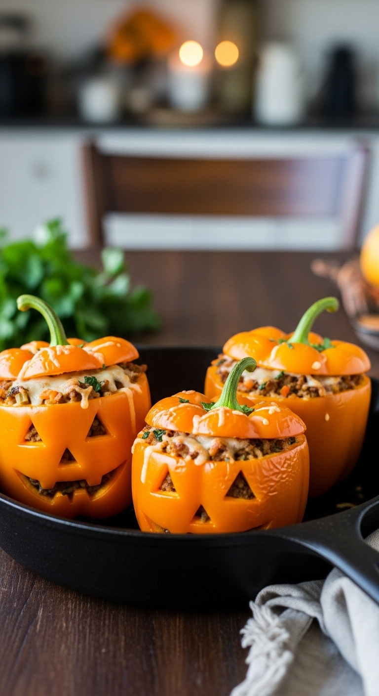 Jack O Lantern Stuffed Peppers With Ground Meat Rice And Vegetables In A Black Cast Iron Skillet