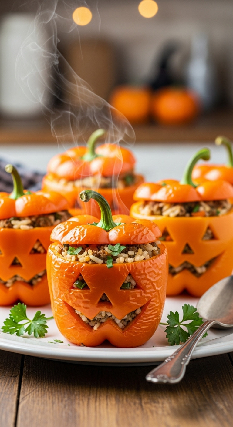 Jack-O-Lantern Stuffed Peppers With Meat Rice And Vegetables On A Rustic Wooden Table With Parsley And Serving Spoon