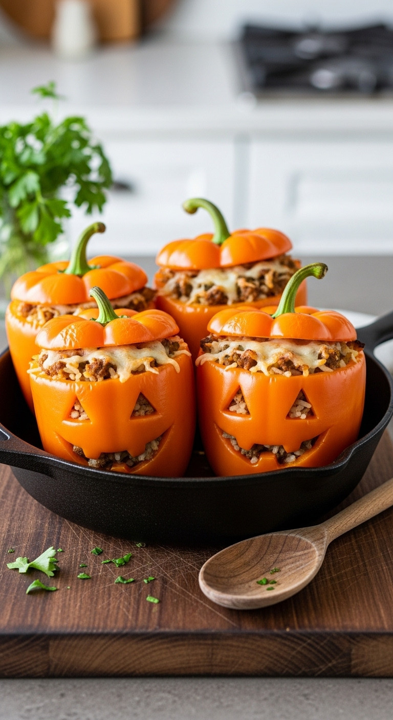 Jack-O'-Lantern Stuffed Peppers With Rice, Beef, And Cheese In A Cast-Iron Skillet On A Wooden Board. Halloween Dinner Idea.