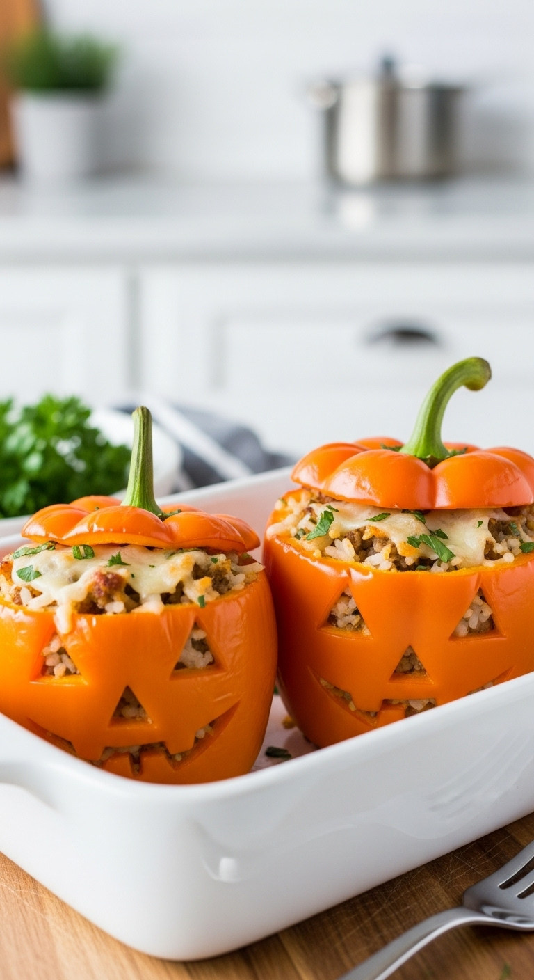 Jack O Lantern Stuffed Peppers With Rice Ground Meat And Melted Cheese In A White Ceramic Baking Dish