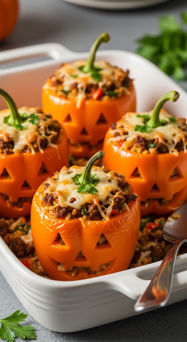 Jack O Lantern Stuffed Peppers With Rice Meat And Cheese In A Baking Dish On A Kitchen Countertop