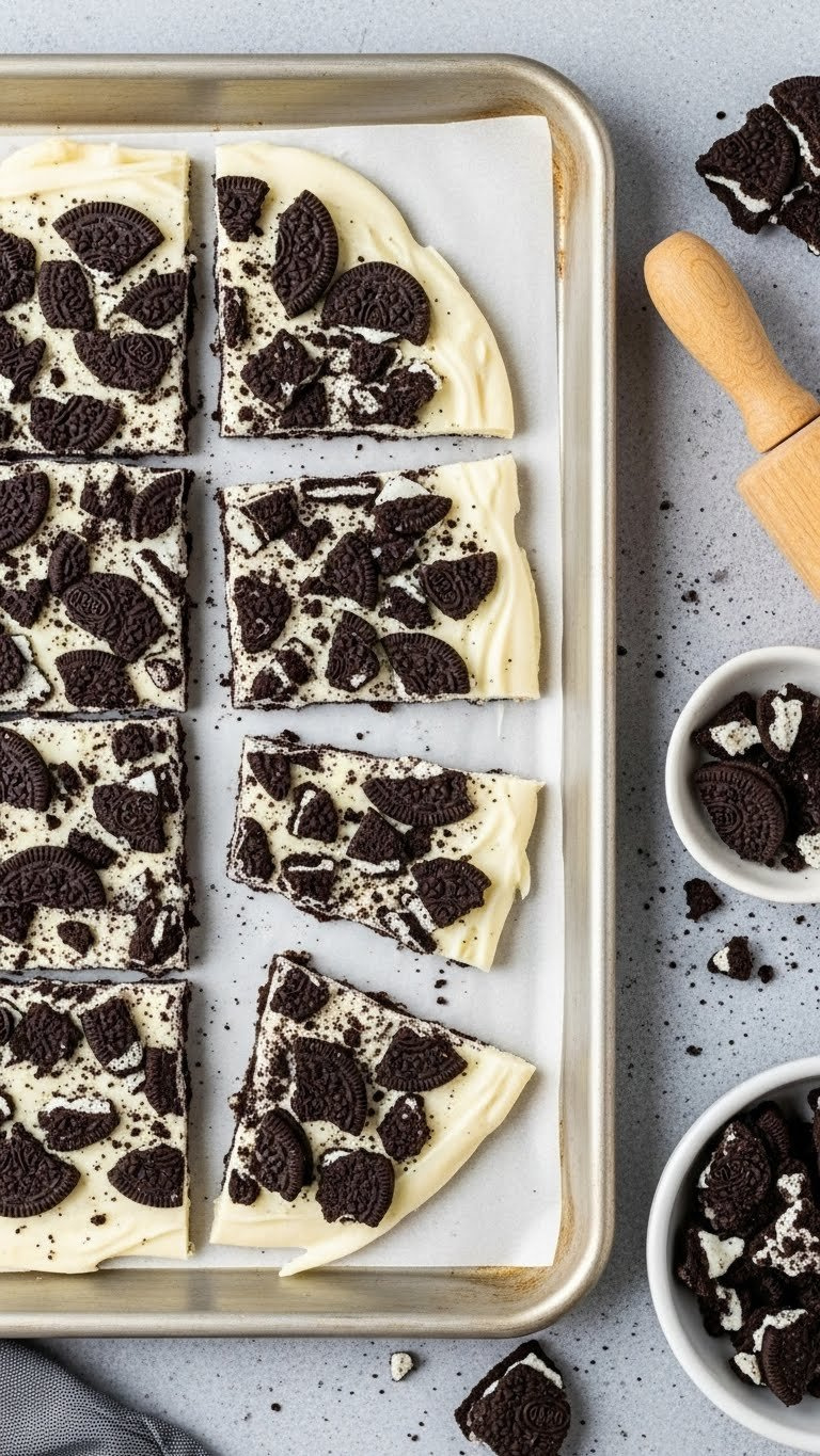 Jagged 2-Ingredient Oreo Bark With Crushed Oreos, Dark Cookie Pieces &Amp; White Chocolate On Parchment. Simple Dessert.