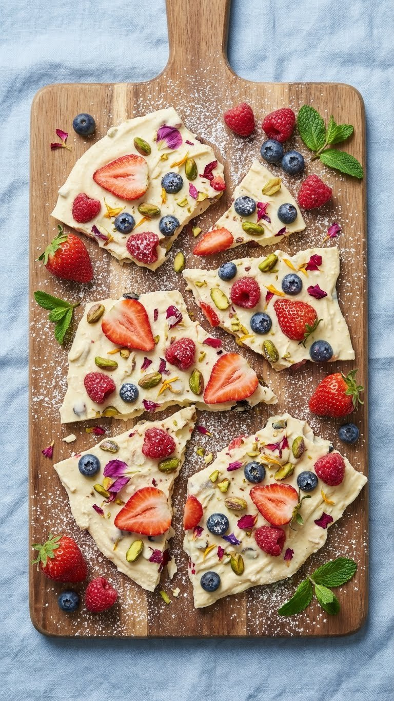 Jagged Pieces Of Homemade White Chocolate Bark Studded With Vibrant Berries And Pistachios On A Rustic Wooden Board.
