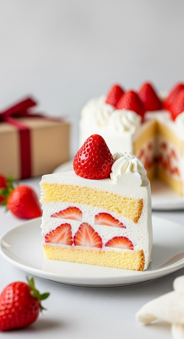 Japanese Christmas Cake Slice: Strawberry Shortcake With Layers Of Sponge, Whipped Cream, Fresh Strawberries. Festive Light Dessert.