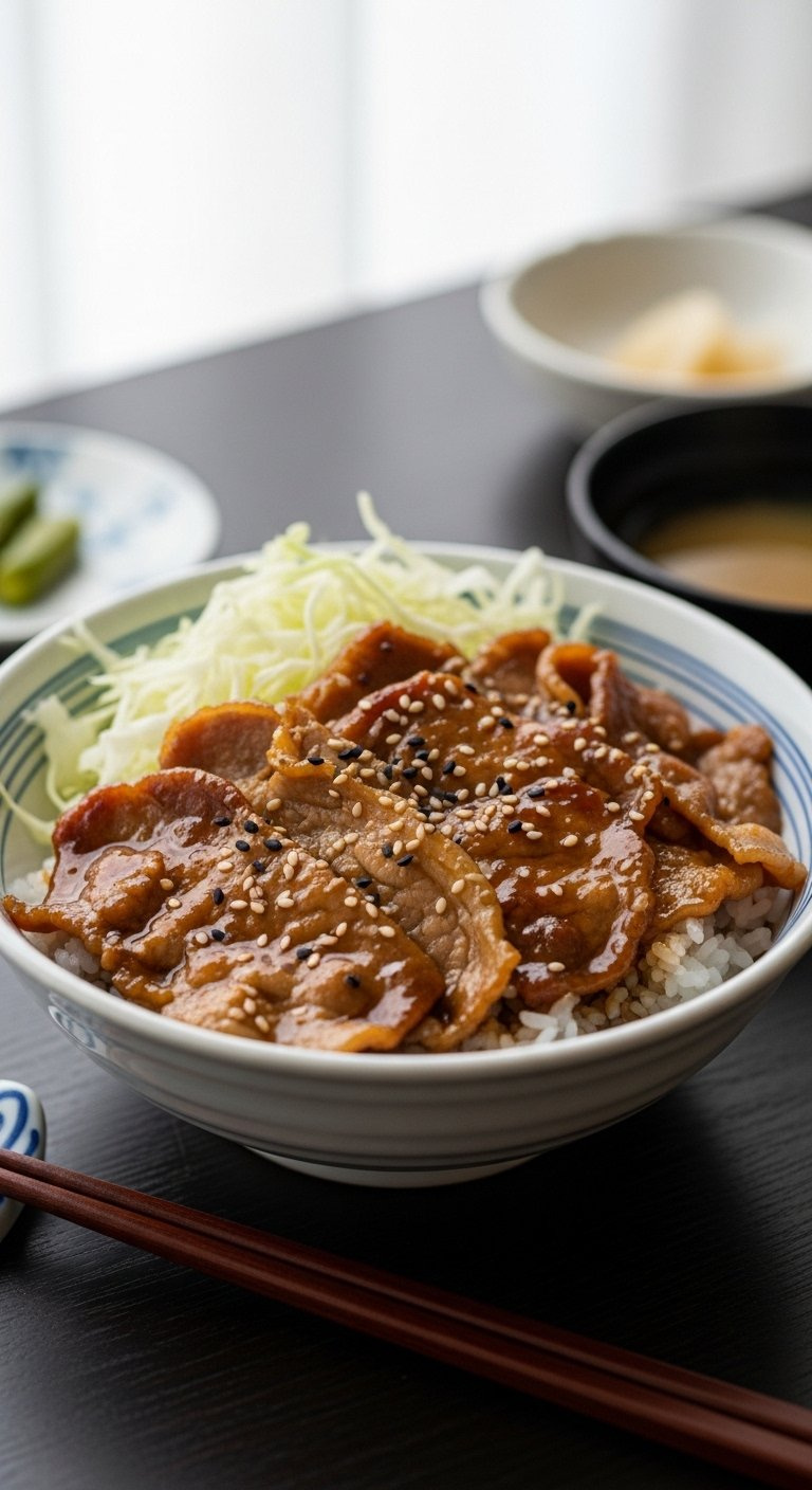 Japanese Ginger Pork Slices With Glossy Caramelized Soy Sauce Served Over Steamed White Rice.