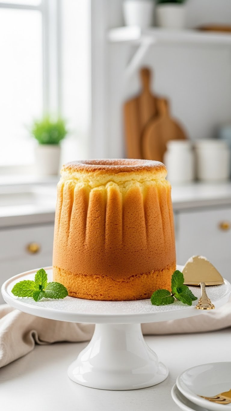 Japanese Soufflé Cheesecake On White Ceramic Stand With Jiggly Texture, Powdered Sugar, And Mint Garnish In Soft Natural Lighting