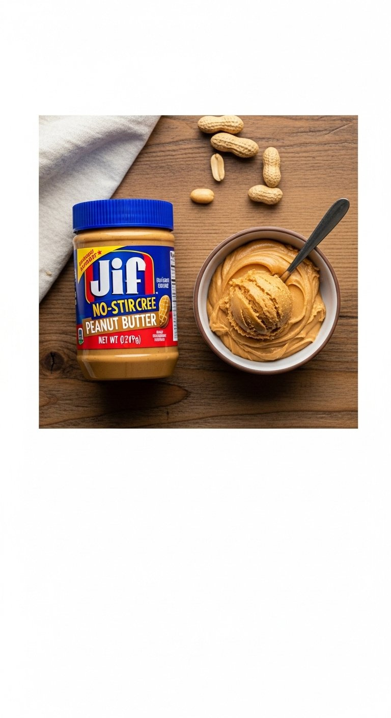 Jar Of Creamy No-Stir Peanut Butter Next To A Small Bowl Of Smooth Glossy Peanut Butter On A Wooden Table.