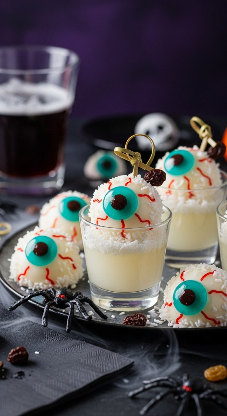 Jello Eyeball Shots With White Coconut Jello Gummy Lifesaver Iris Raisin Pupil And Dry Ice Smoke On Dark Tray