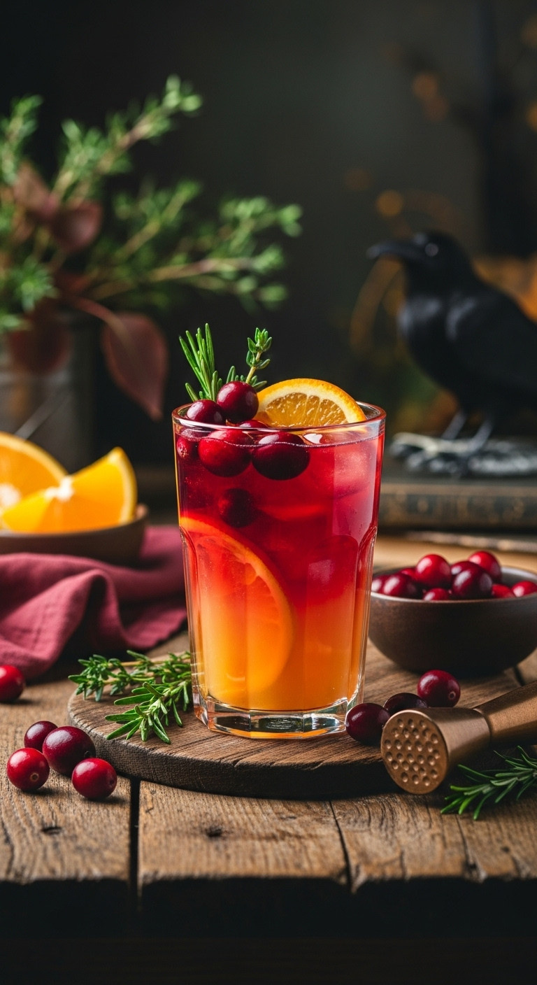 Jewel-Toned Bewitched Cran-Orange Gin Smash In Rustic Tumbler With Cranberries, Orange Segments, And Rosemary On A Moody Bar.