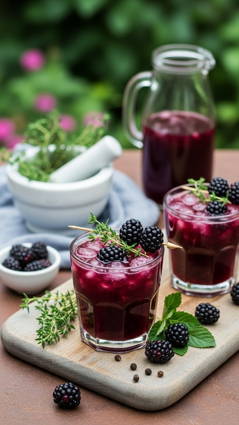 Jewel-Toned Blackberry And Thyme Shrub In Clear Glass Garnished With Fresh Thyme And Blackberries On Wooden Board