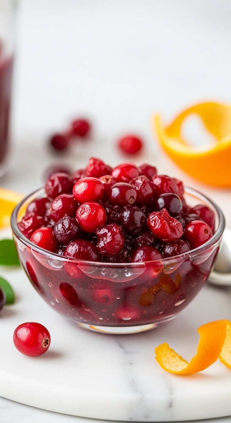 Jewel-Toned Homemade Cranberry Sauce In A Crystal Bowl, With Whole &Amp; Burst Cranberries, Orange Peel, On White Marble.